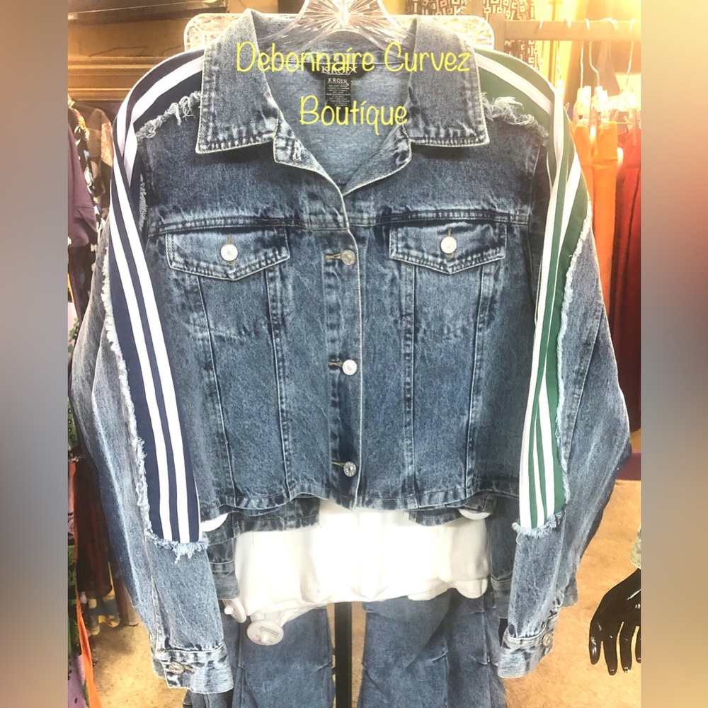 Blue Denim Jacket with Striped Sleeves
